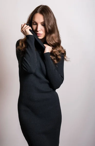 Beautiful Girl Stylish Black Dress Posing Studio — Stock Photo, Image
