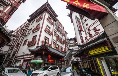 SHANGHAI, HINA - APRIL 03, 2019: Modern central streets of Shanghai and high-rise buildings.