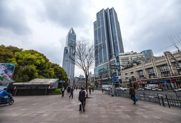 SHANGHAI, HINA - APRIL 03, 2019: Modern central streets of Shanghai and high-rise buildings.