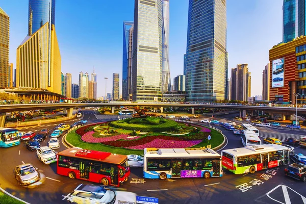 SHANGHAI, HINA - APRIL 03, 2019: Modern central streets of Shanghai and high-rise buildings.