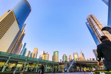 SHANGHAI, HINA - APRIL 03, 2019: Modern central streets of Shanghai and high-rise buildings.