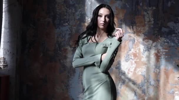 Slow Motion Footage Beautiful Young Brunette Woman Stylish Dress Posing — Stock Video