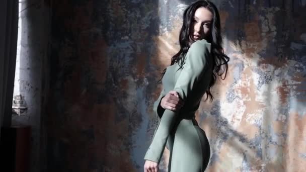 Grabación Cámara Lenta Hermosa Joven Morena Vestido Elegante Posando Interior — Vídeos de Stock