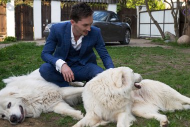 Tatra Çoban Köpek açık mavi kostümlü zarif genç yakışıklı adam oyun.