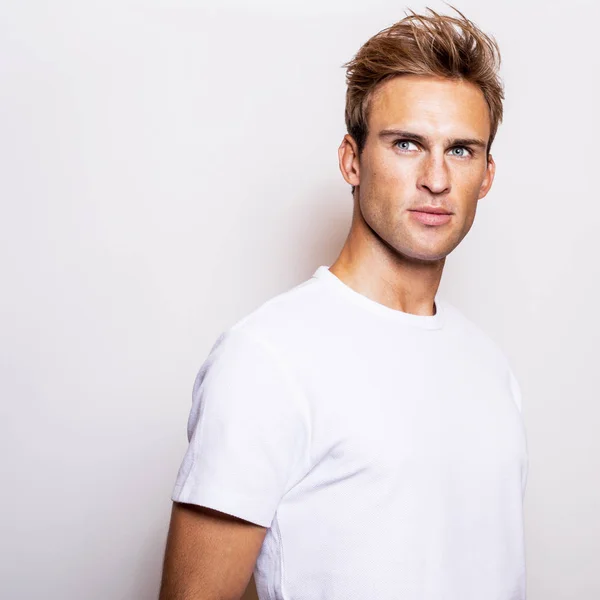 Elegant Young Handsome Man White Shirt Studio Portrait — Stock Photo, Image