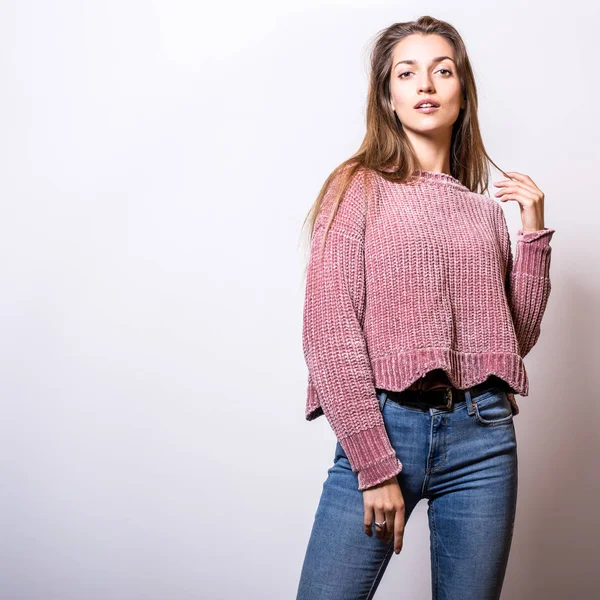 Young Model Woman Sweater Pose Studio — Stock Photo, Image