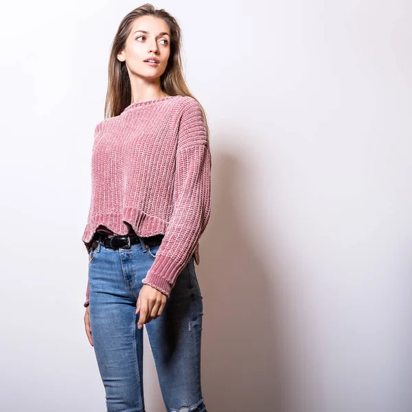 Young Model Woman Sweater Pose Studio — Stock Photo, Image