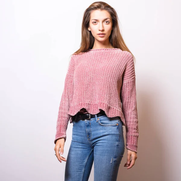 Young Model Woman Sweater Pose Studio — Stock Photo, Image