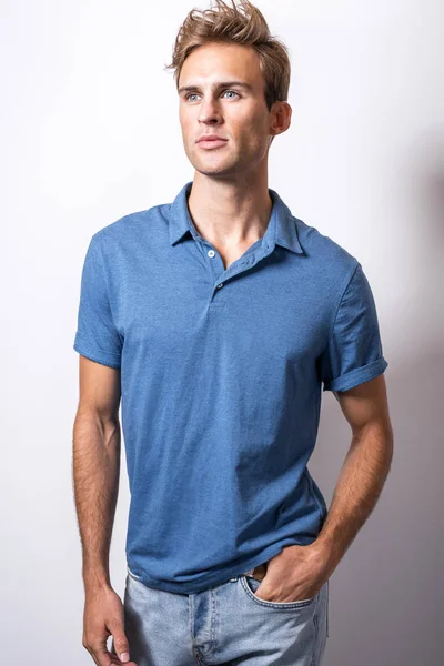 Elegant Young Handsome Man Stylish Blue Shirt — Stock Photo, Image