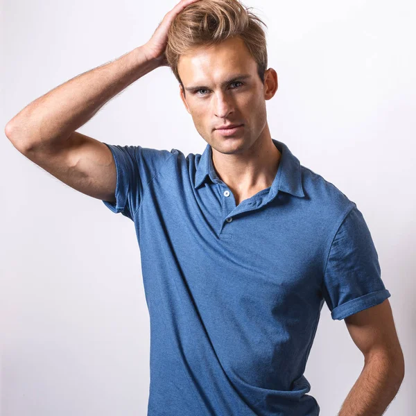 Elegant Young Handsome Man Stylish Blue Shirt — Stock Photo, Image