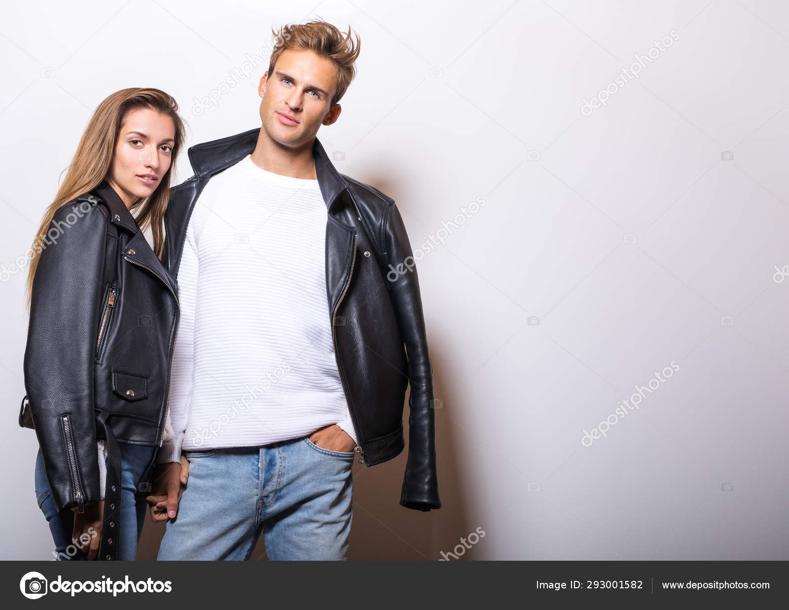 Young Beautiful Couple Black Leather Jackets Pose Studio Stock Photo Image By C Innervision 293001582