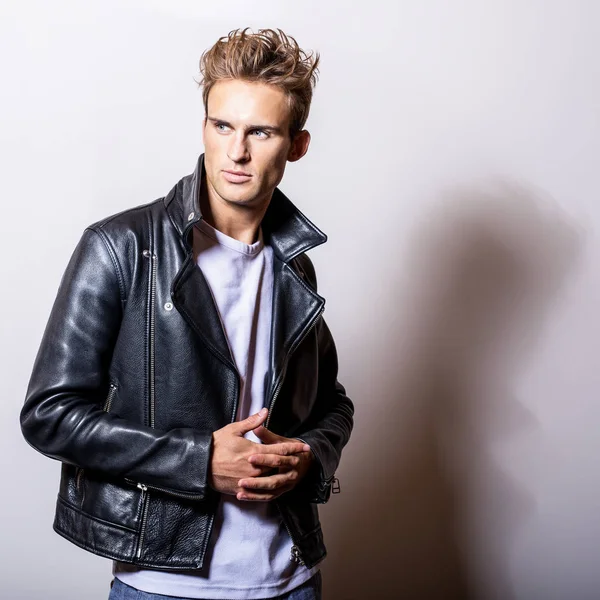 Handsome Young Man Classic Leather Jacket — Stock Photo, Image