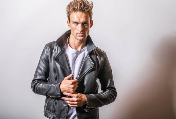 Handsome Young Man Classic Leather Jacket — Stock Photo, Image