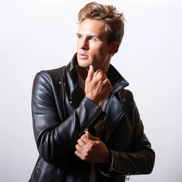 Handsome Young Man Classic Leather Jacket — Stock Photo, Image