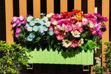 Kaplarda plastik çiçekler yakın çekim.