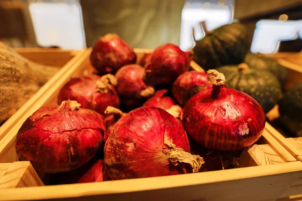 Cebollas Rojas Caja Madera — Foto de Stock