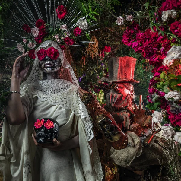 Fabelhafte Stilisierung von Santa Muerte - Heiliger Tod - moderner religiöser Kult. Konzeptkunst Märchenfoto. — Stockfoto