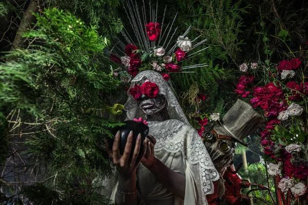 Santa Muerte 'nin muhteşem stili - Kutsal Ölüm - modern dini tarikat. Sanat Peri Masalı Fotoğrafı. Stok Resim