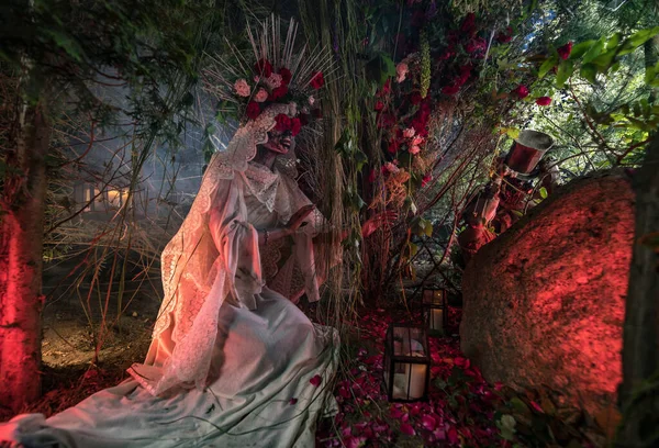 Fabulosa estilização de Santa Muerte - Santa Morte - culto religioso moderno. Conceito Arte conto de fadas foto . — Fotografia de Stock