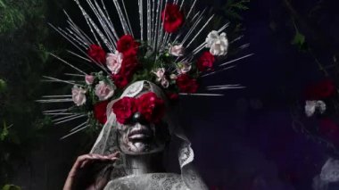 Santa Muerte 'nin muhteşem stili - Kutsal Ölüm - modern dini tarikat. Sanat Masalı kavramı 4K görüntüsü.