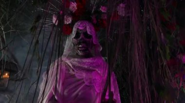 Santa Muerte 'nin muhteşem stili - Kutsal Ölüm - modern dini tarikat. Sanat Masalı kavramı 4K görüntüsü.