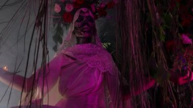 Santa Muerte 'nin muhteşem stili - Kutsal Ölüm - modern dini tarikat. Sanat Masalı kavramı 4K görüntüsü.