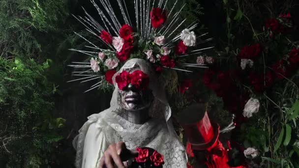 Fabulous stylization of Santa Muerte - Holy Death - modern religious cult. Concept Art fairy tale 4K footage. — Stock Video