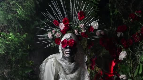 Fabulous stylization of Santa Muerte - Holy Death - modern religious cult. Concept Art fairy tale 4K footage. — Stock Video