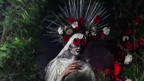 Fabulous stylization of Santa Muerte - Holy Death - modern religious cult. Concept Art fairy tale 4K footage. — Stock Video