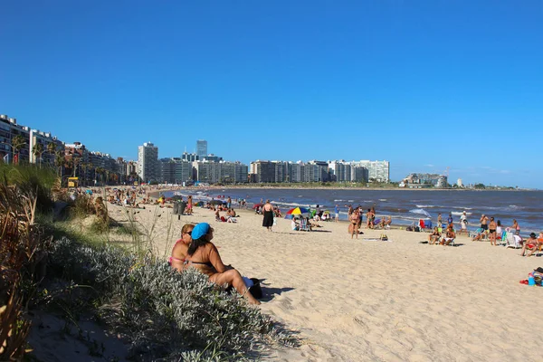 Montevidéu Uruguai 2018 Pessoas Desfrutando Praia Pocitos Dia Ensolarado Verão — Fotografia de Stock