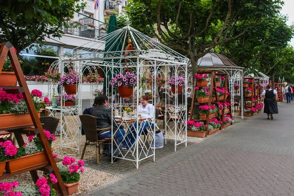 Boppard Almanya Renkli Pembe Çiçekli Boppard Almanya 2015 Açık Restaurant — Stok fotoğraf