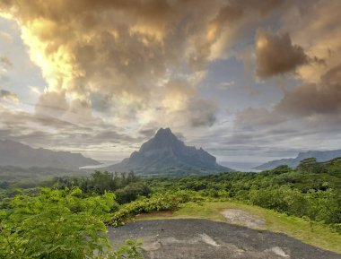 Yeşil orman Rotui dağda Cook's Bay ve Opunohu Bay ile bir coludy günü, Fransız Polinezyası.