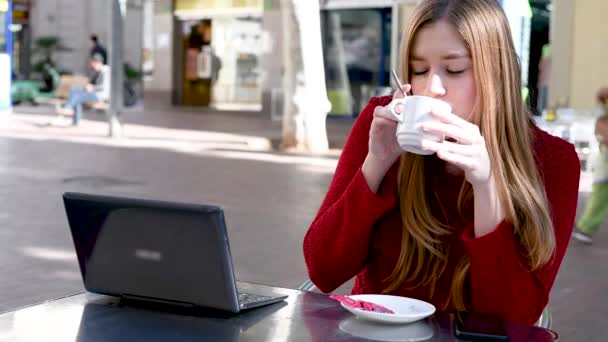 Junge Schöne Frau Trinkt Kaffee Café Und Telefoniert Mit Dem — Stockvideo