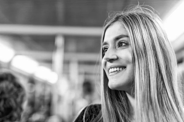 Happy Beautiful Blonde Girl Moving Subway Train Tourism Holiday Concept — Stock Photo, Image