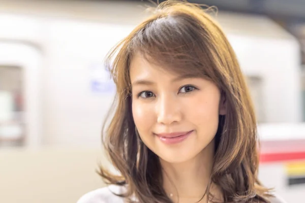 Happy Asian Girl Waiting Subway Train — Stock Photo, Image