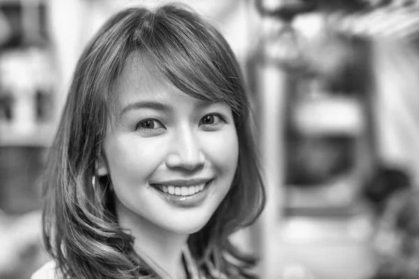 Happy Asian Girl Standing Subway Train — Stock Photo, Image