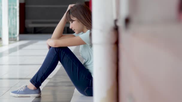 School Bullying Female Teenager Upset Seated School Hallway — Stock Video