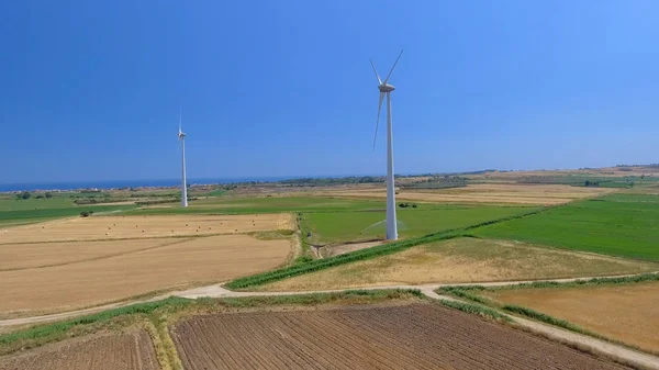 Panoramic View Industrial Windmills Summer Meadows — Stock Photo, Image