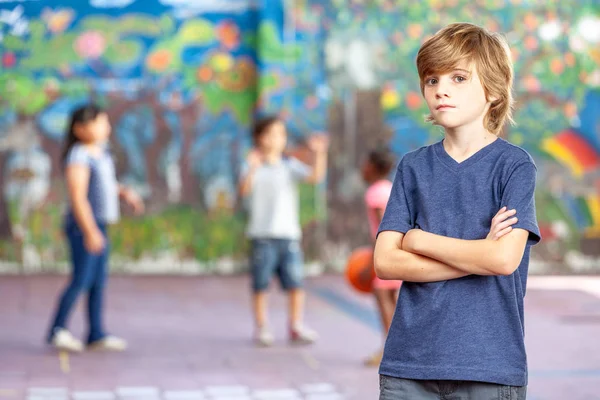 Unhappy Young Kid Isolated School While Schoolmates Playing — Stock Photo, Image
