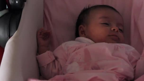 Adorable Baby Girl Sleeping Baby Pram — Stock Video