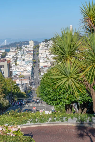 サンフランシスコ 2017 クルックド ロンバード ストリートと日当たりの良い夏の日に サンフランシスコ市のスカイラインとロシアの丘 都市は毎年 2000 万の観光客を引き付ける — ストック写真