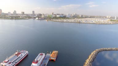 Queen Mary, Long Beach, Kaliforniya'da demirledi havadan görünümü
