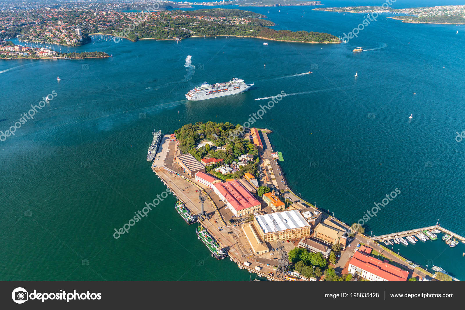 Aerial Overhead View Garden Island Sydney Leaving Cruise Ship