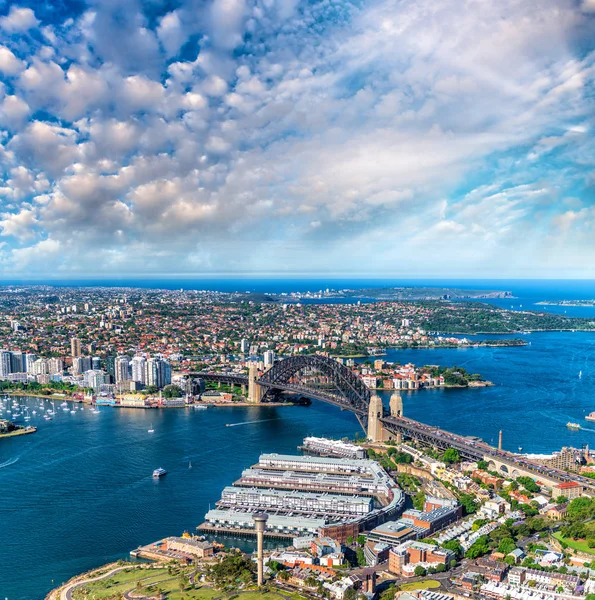 Vue Hélicoptère Pont Port Sydney Des Toits Ville Australie — Photo