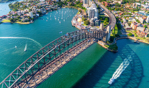 Helicopter view of Sydney Harbor Bridge and Lavender Bay, New South Wales, Australia.