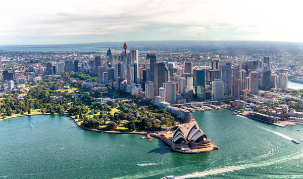 Aerial view of Sydney Harbor and Downtown Skyline, Australia.