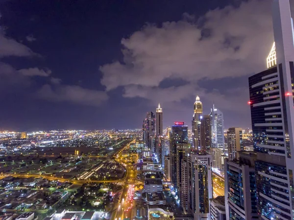 Ночной Вид Воздуха Небоскребы Центра Дубая Объединенные Арабские Эмираты — стоковое фото