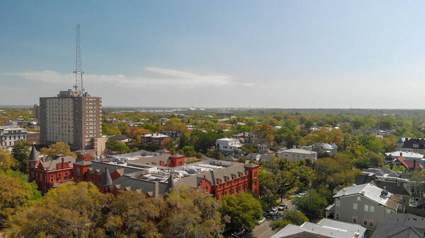 Panoramic aerial view of Forsyth Park in Savannah.