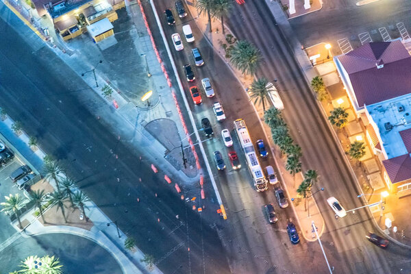 Las Vegas traffic at night on The Strip, aerial view.