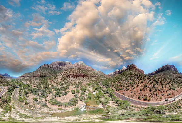 Zion Nationalpark Panoramische Luftaufnahme Bei Sonnenuntergang Utah — Stockfoto